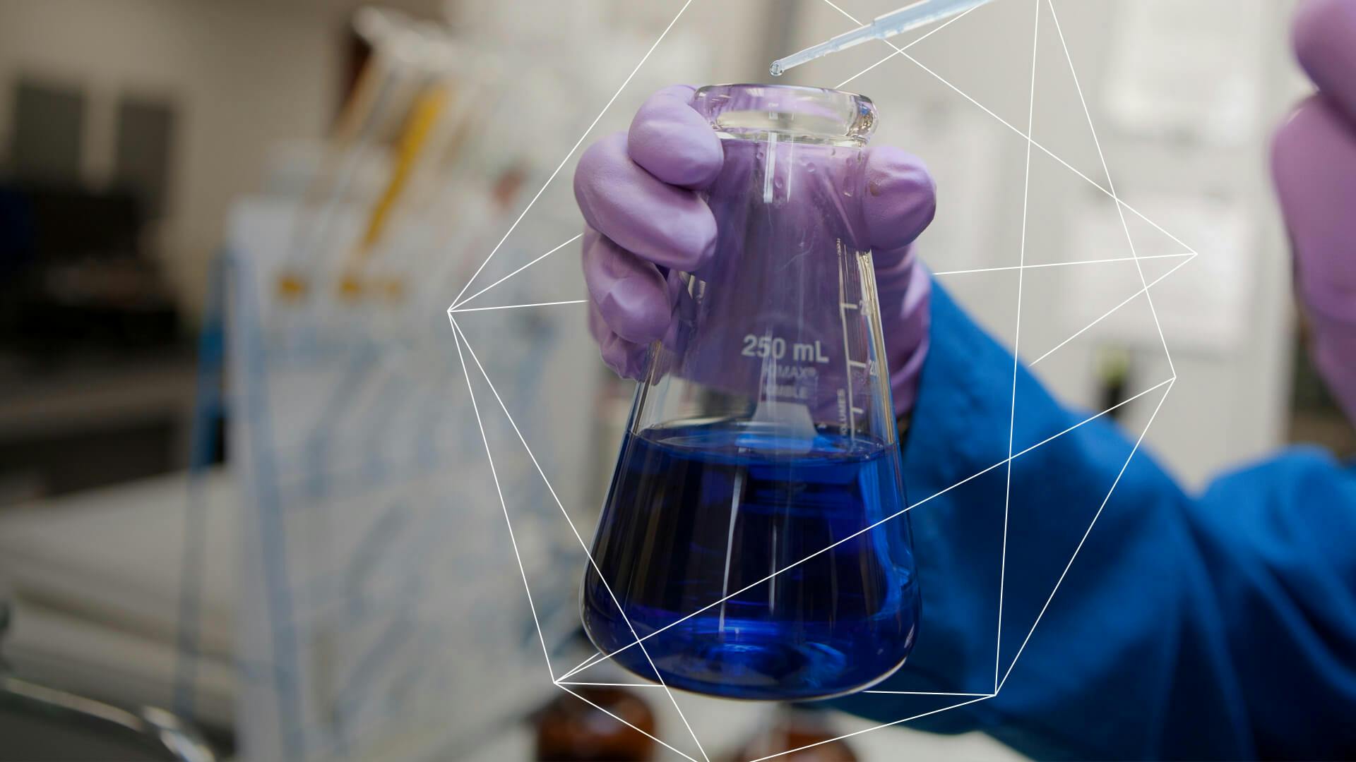 Blue liquid in 250 mL beaker at OxyChem laboratory