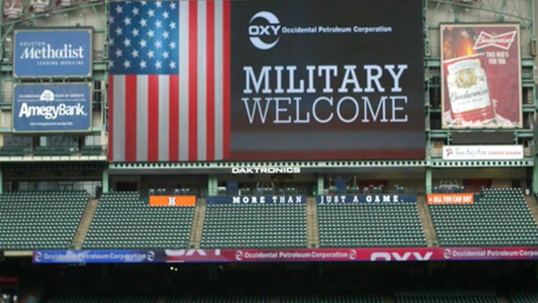 Oxy military welcome sign at Minute Maid Park
