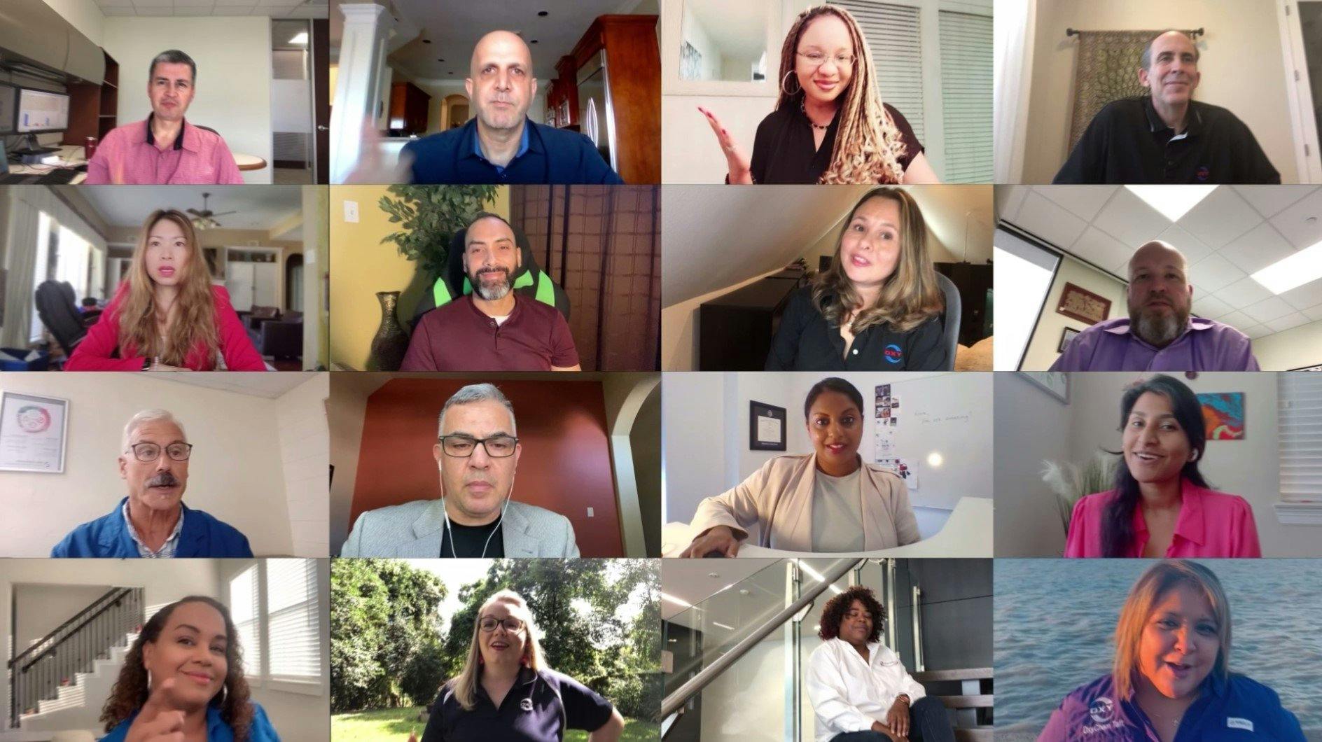 Collage of 16 diverse Oxy employees on Teams call