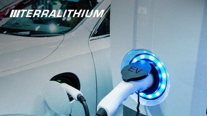 Electric car charging with TerraLithium logo overlay